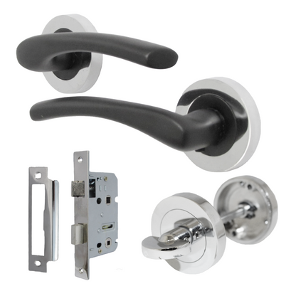 Poignée de porte Zena au design moderne, levier noir mat sur rosace chromée, poignées à loquet internes