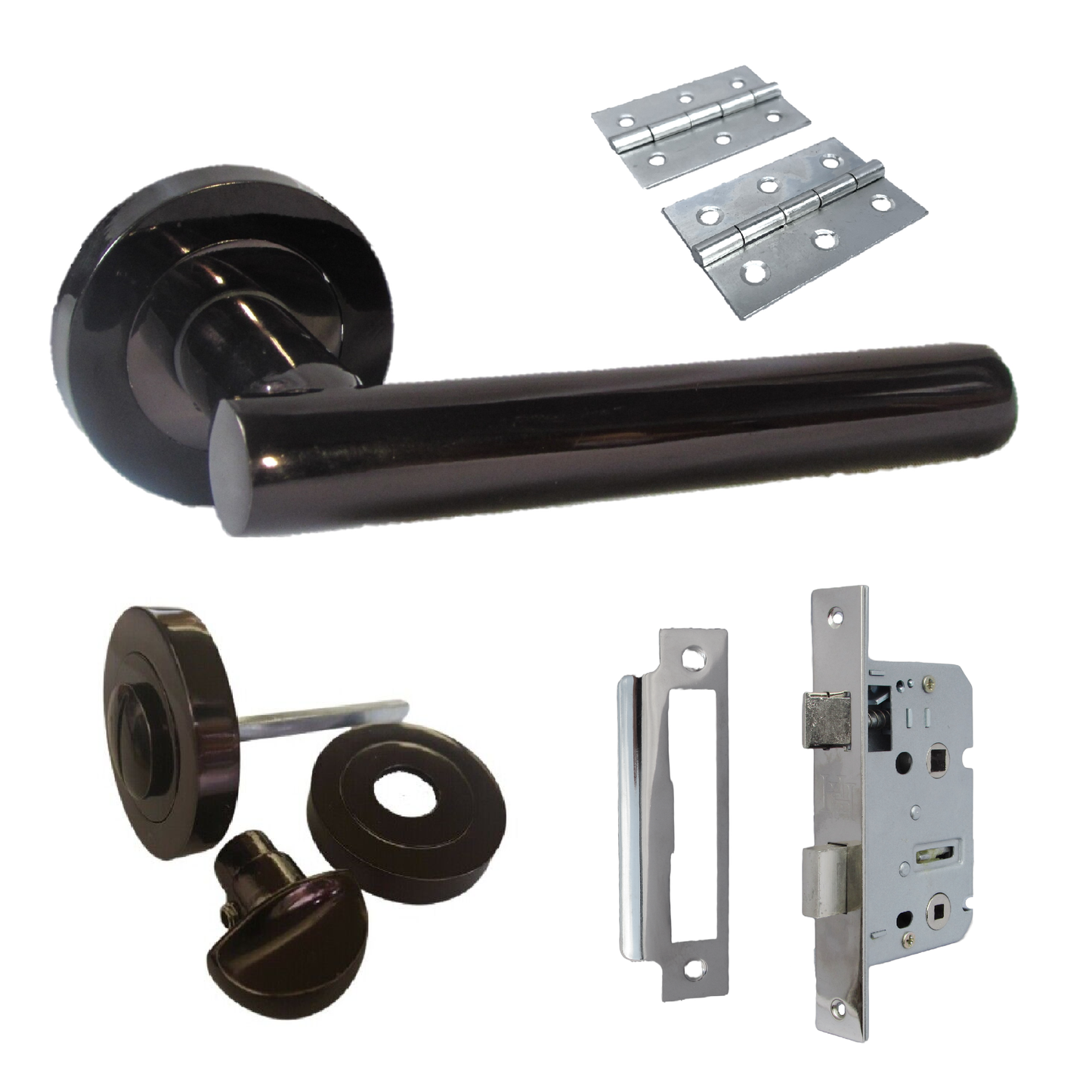 Door Handles Straight Lever on Rose Thumb turn & Lock & Hinges - Black Nickel