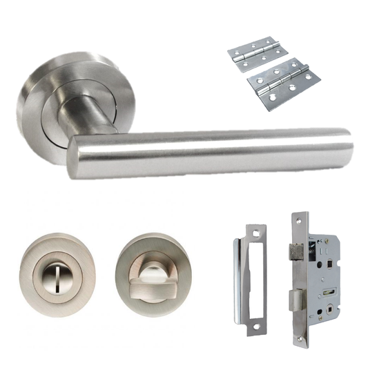 Door Handles T Bar Straight Lever on Rose Thumb turn & Lock & Hinges - Satin