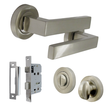 Cafri Door Handle Bathroom Modern Satin Nickel Rectangular Lever on Rose Internal Thumbturn Pack
