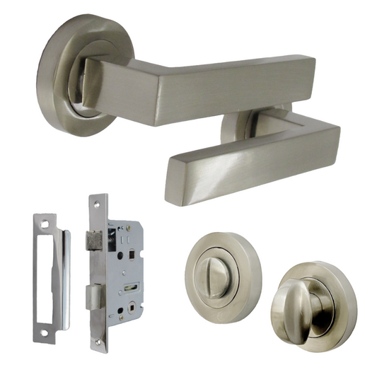 Cafri Door Handle Bathroom Modern Satin Nickel Rectangular Lever on Rose Internal Thumbturn Pack