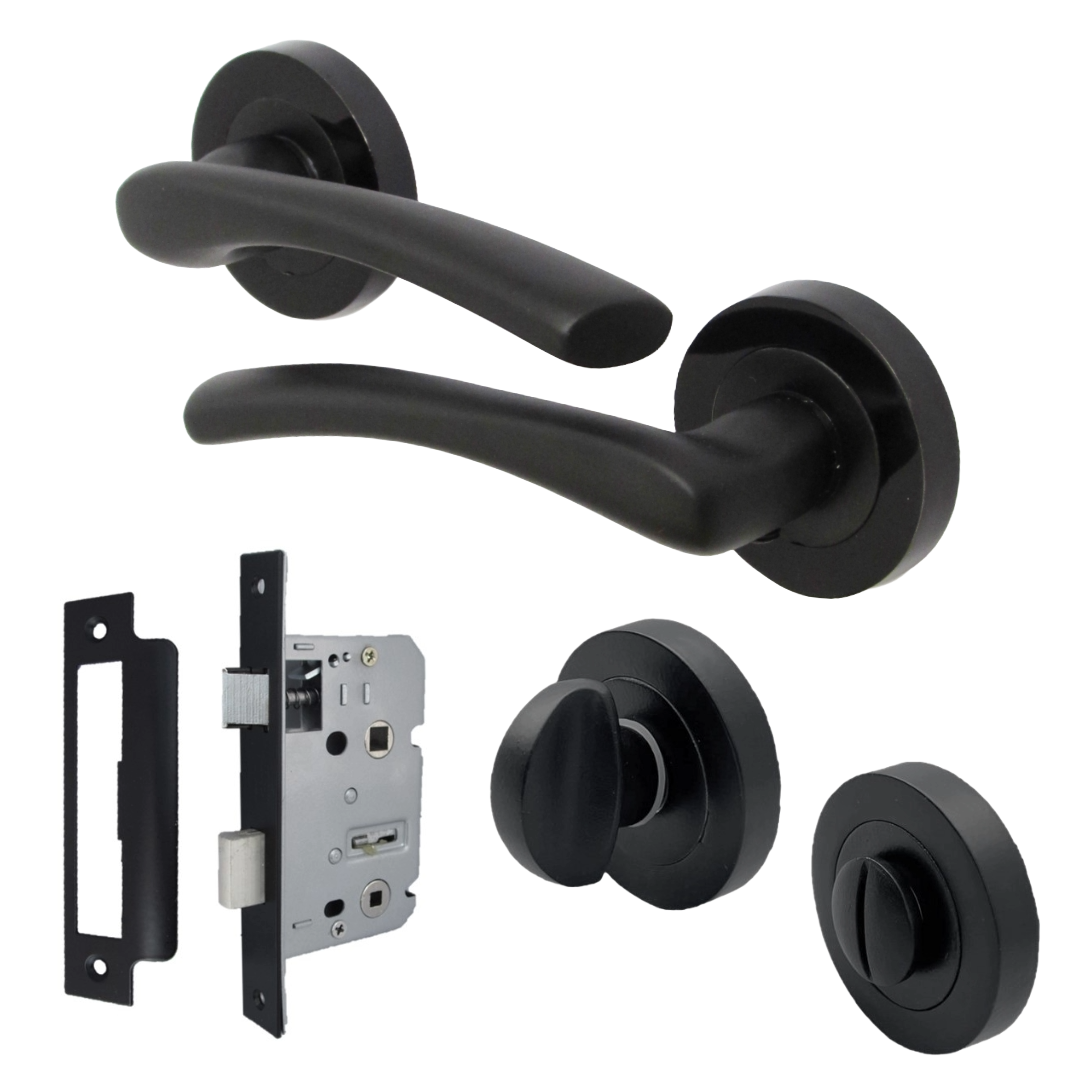Zena Door Handle Bathroom Set Modern Matt Black Lever on Nickel Rose Internal Thumbturn