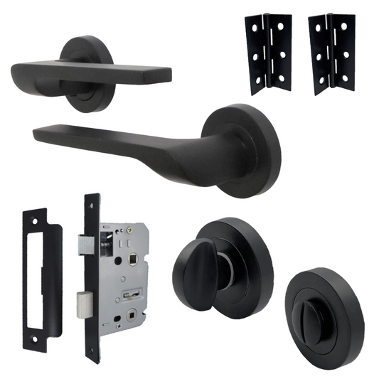 UNO-2 Door Handle Bathroom Set Modern Matt Black Lever on Rose Internal Thumbturn Set