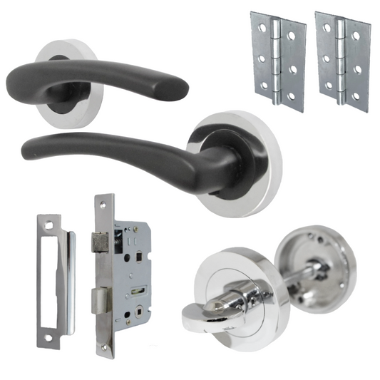 Zena Door Handle Bathroom Set Modern Matt Black Lever on Chrome Rose Internal Thumbturn