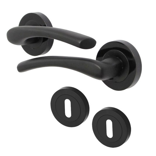 Zena Door Handle Escutcheon Lock Set Modern Matt Black Lever on Nickel Rose Internal