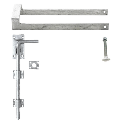 Double Gate Fastener Set Galvanised 18″ Drop Bolt 14″ Throw Over Loop Latch and Fixings