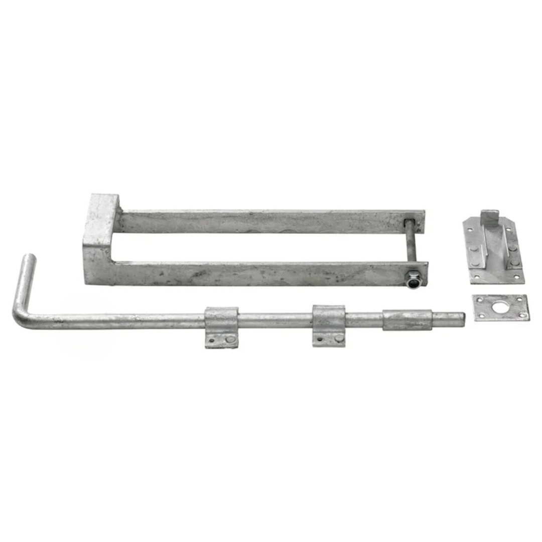 Double Gate Fastener Set Galvanised 18″ Drop Bolt 14″ Throw Over Loop Latch and Fixings