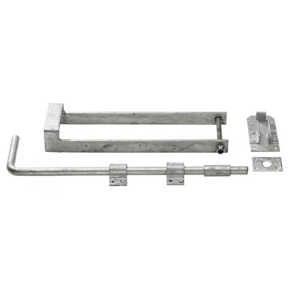 Double Gate Fastener Set Galvanised 18″ Drop Bolt 14″ Throw Over Loop Latch and Fixings