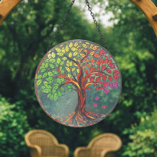 Stained Glass Suncatcher Tree of Life Hanging Round Orbit Garden Decoration