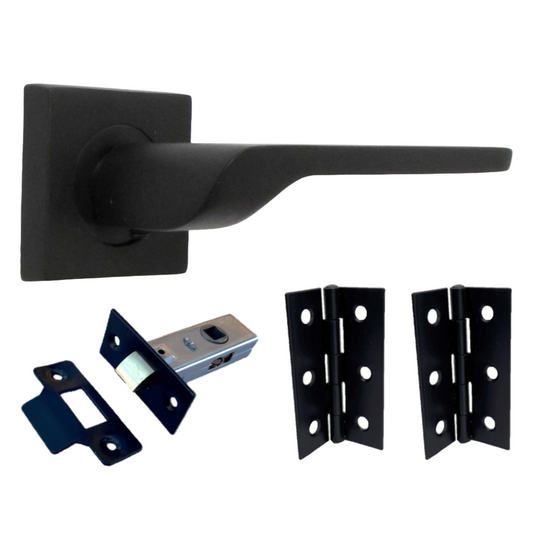 UNO-2 Door Handle Matt Black Lever on Square Rose Internal Handles + 64mm Latch & Hinges
