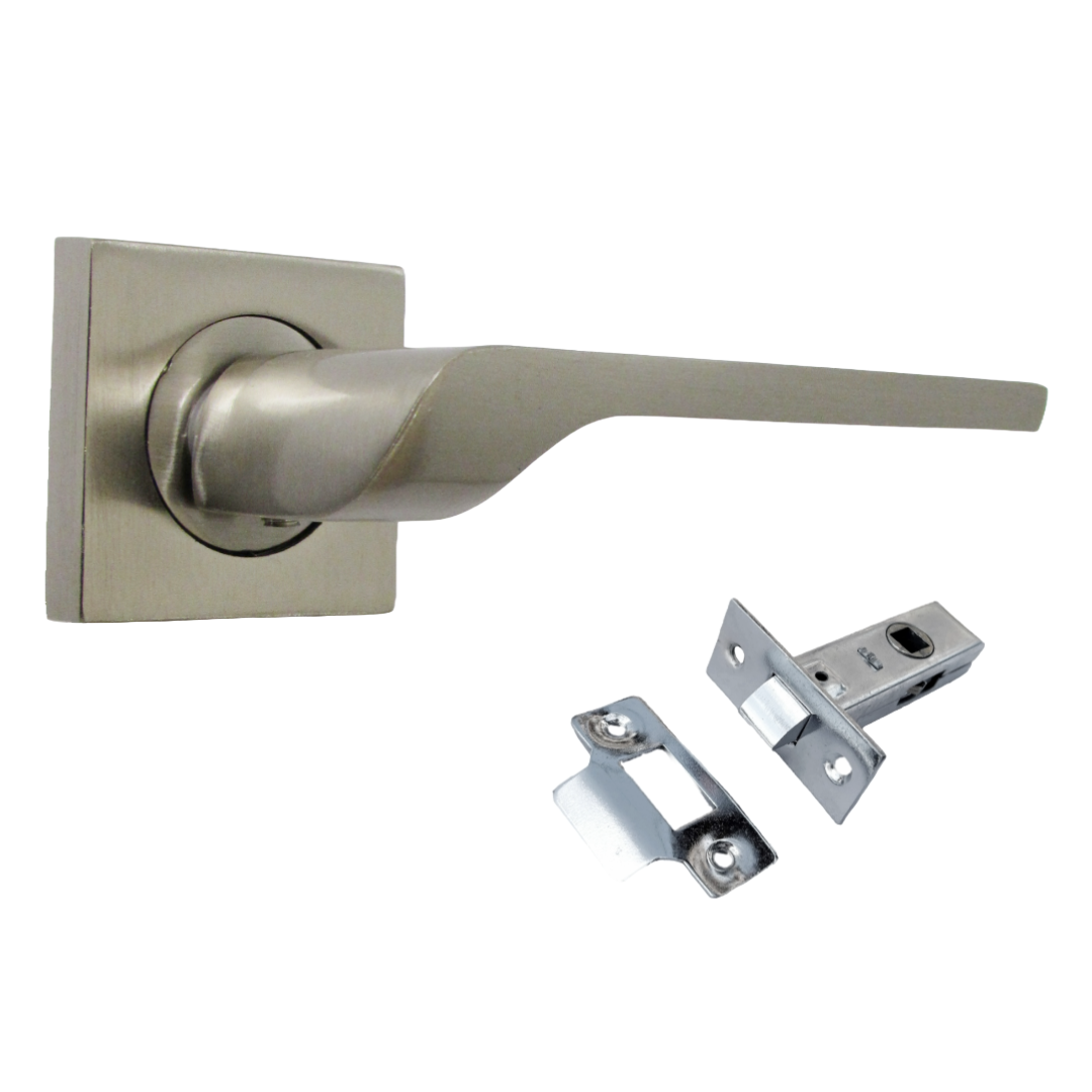 Poignée de porte UNO-2 en nickel satiné, levier moderne sur rosace carrée, poignées intérieures + loquet de 64 mm