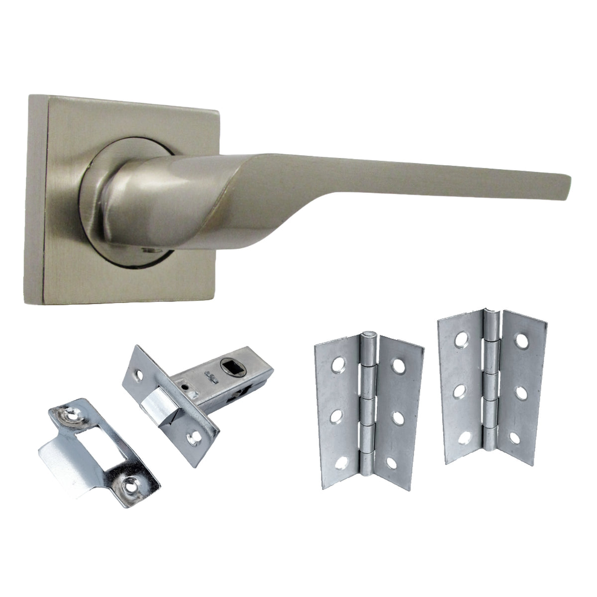 Marketplace JPG companion for UNO-2 Door Handle Satin Nickel Lever on Square Rose Internal Handles + 64mm Latch & Hinges