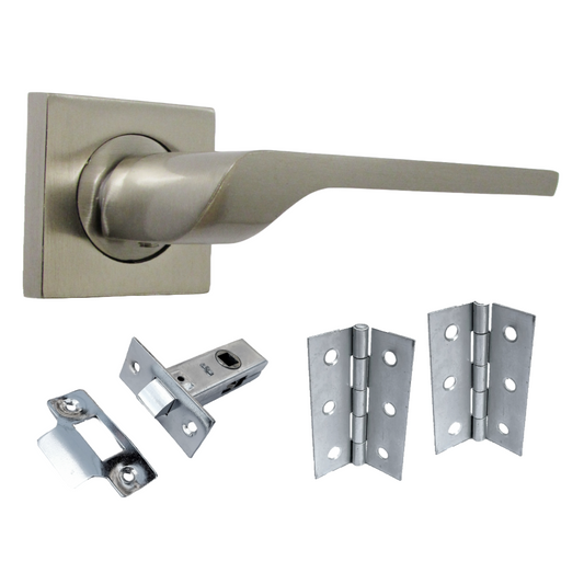 UNO-2 Door Handle Satin Nickel Lever on Square Rose Internal Handles + 64mm Latch & Hinges