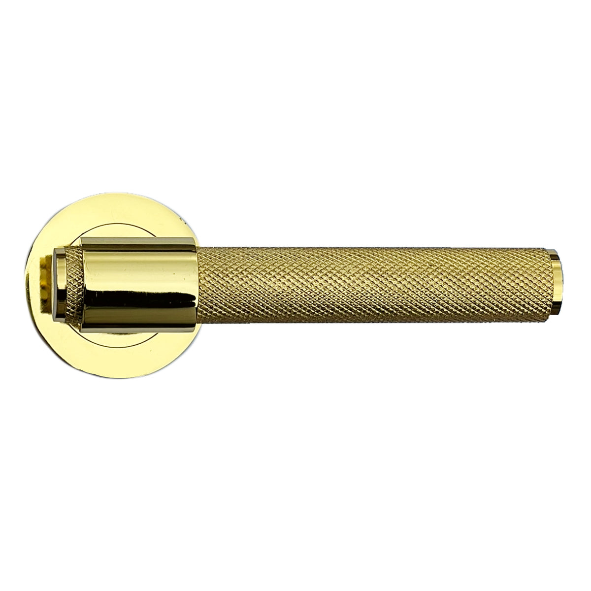 Marketplace JPG companion for Knurled Door Handles Polished Brass Loop & Neck Lever on Round Rose Latch Handle Luxe