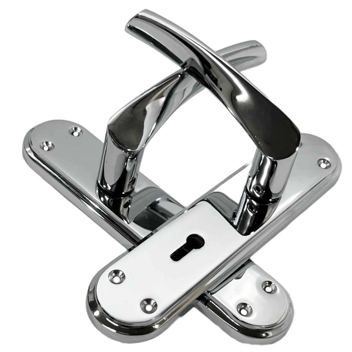 Marketplace JPG companion for Genova Door Handles Polished Chrome Twist Lever Lock on Modern Marina Backplate