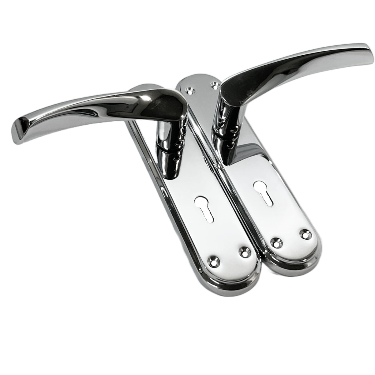 Marketplace JPG companion for Genova Door Handles Polished Chrome Twist Lever Lock on Modern Marina Backplate