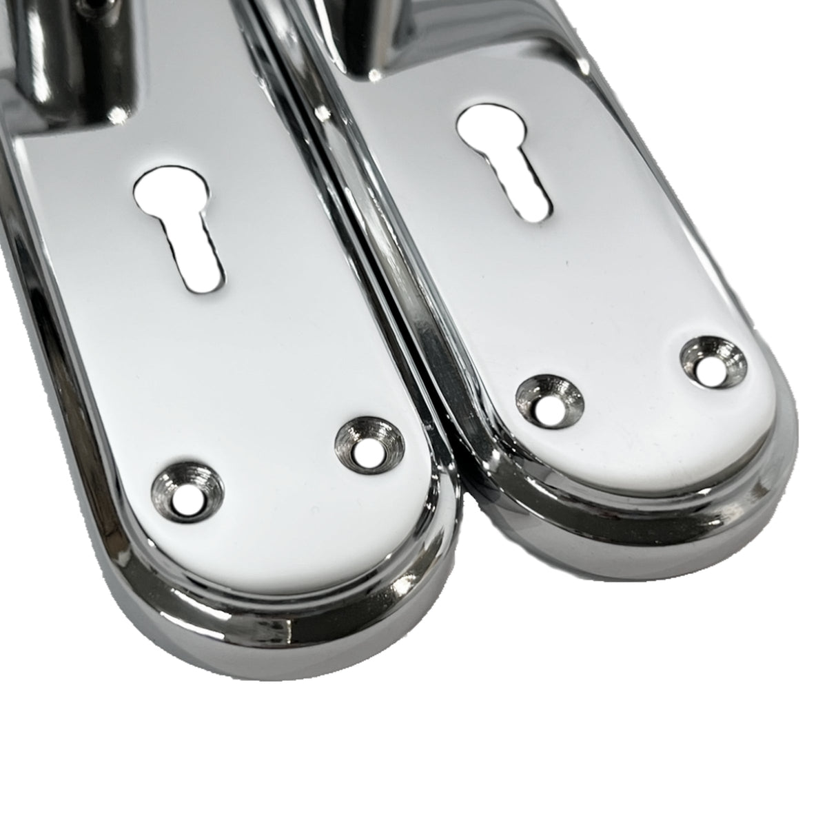 Marketplace JPG companion for Genova Door Handles Polished Chrome Twist Lever Lock on Modern Marina Backplate