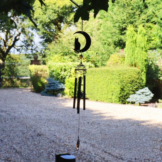 Silhouette Cat and Moon Wind Chime - Black
