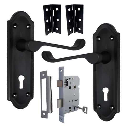 Ashford Door Handle Key Lock Scroll Lever - Matt Black Chrome Key Lock Hinge Pack