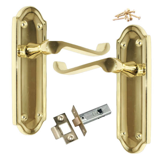 Ashford Door Handle Latch Scroll Lever - Polished Brass Latch Pack