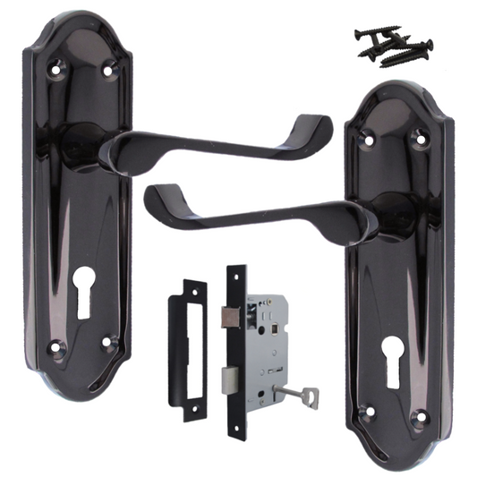 Ashford Door Handle Key Lock Scroll Lever - Black Nickel Key Lock Pack