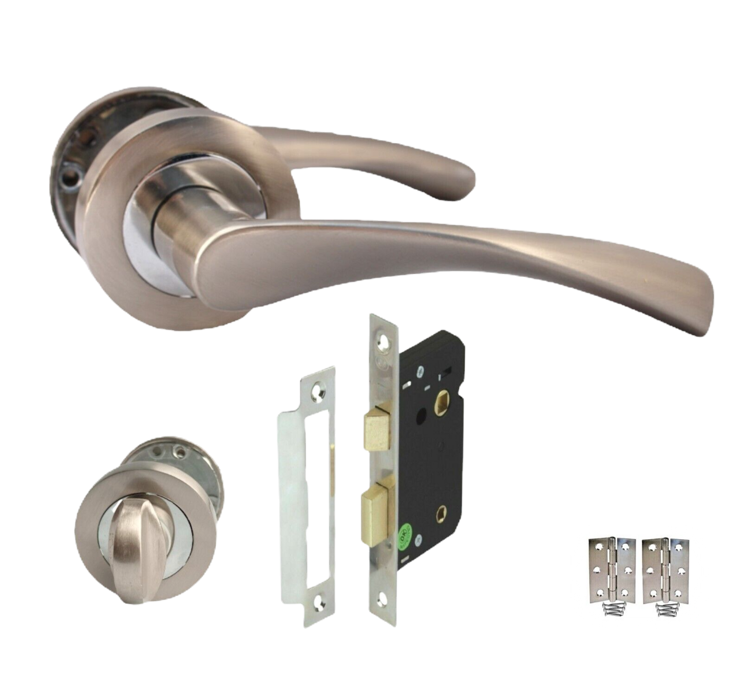 DOOR HANDLE MODERN CHROME & SATIN NICKLE BATH SET ON ROSE TWIST winged LEVER