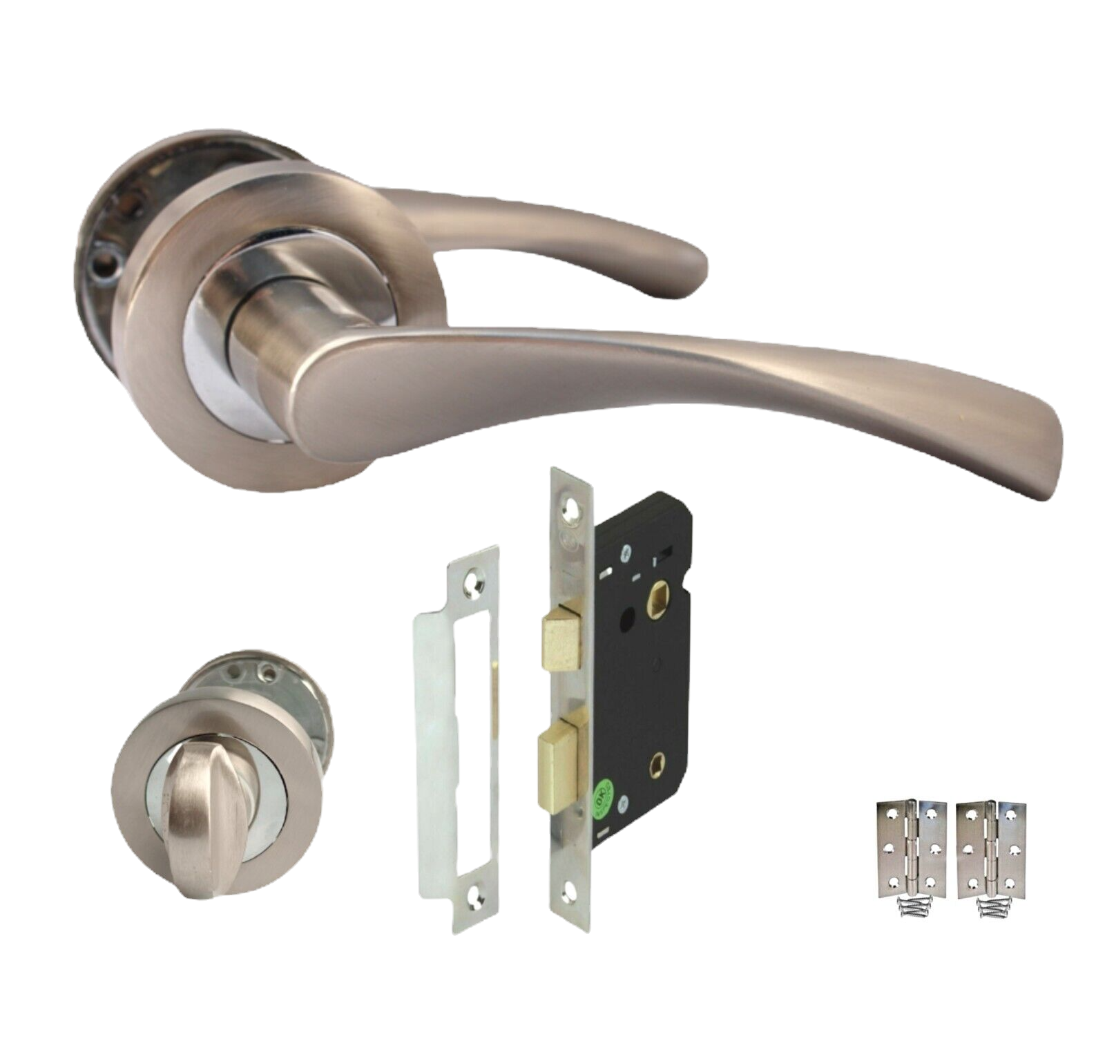 DOOR HANDLE MODERN CHROME & SATIN NICKLE BATH SET ON ROSE TWIST winged LEVER