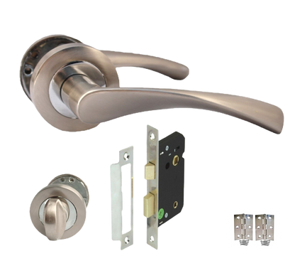 DOOR HANDLE MODERN CHROME & SATIN NICKLE BATH SET ON ROSE TWIST winged LEVER