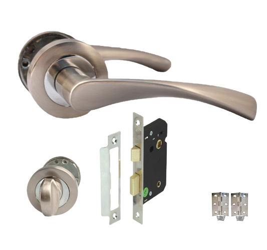 DOOR HANDLE MODERN CHROME & SATIN NICKLE BATH SET ON ROSE TWIST winged LEVER