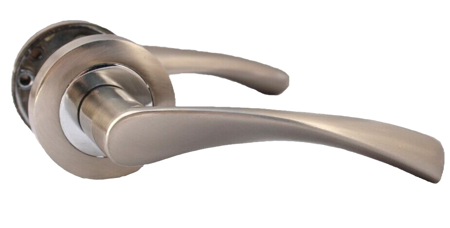 DOOR HANDLE MODERN CHROME & SATIN NICKLE BATH SET ON ROSE TWIST winged LEVER