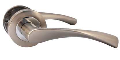 DOOR HANDLE MODERN CHROME & SATIN NICKLE BATH SET ON ROSE TWIST winged LEVER