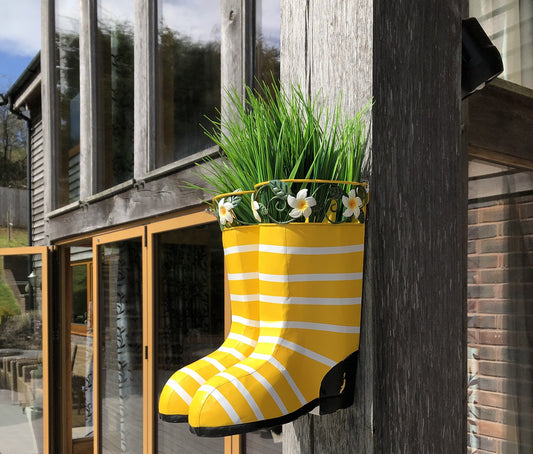 Pair of Wellies Metal Planter - Yellow