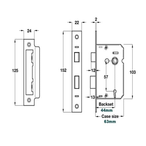 3 LEVER MORTICE INTERNAL SASH DOOR LOCK 2.5 INCH brass & Chrome plate