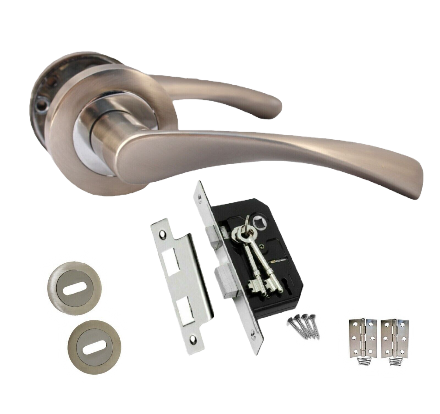 CHROME & SATIN NICKLE LOCK  SET DOOR HANDLE Rose aztec Astrid style Dual Twist