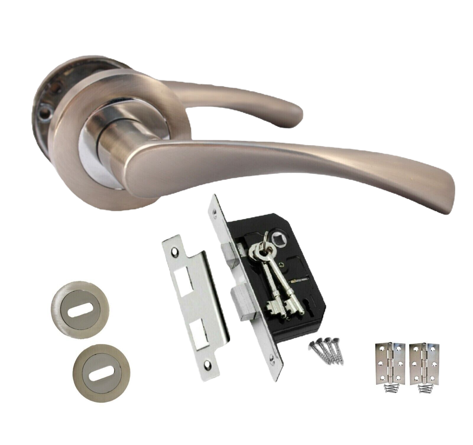 CHROME & SATIN NICKLE LOCK  SET DOOR HANDLE Rose aztec Astrid style Dual Twist