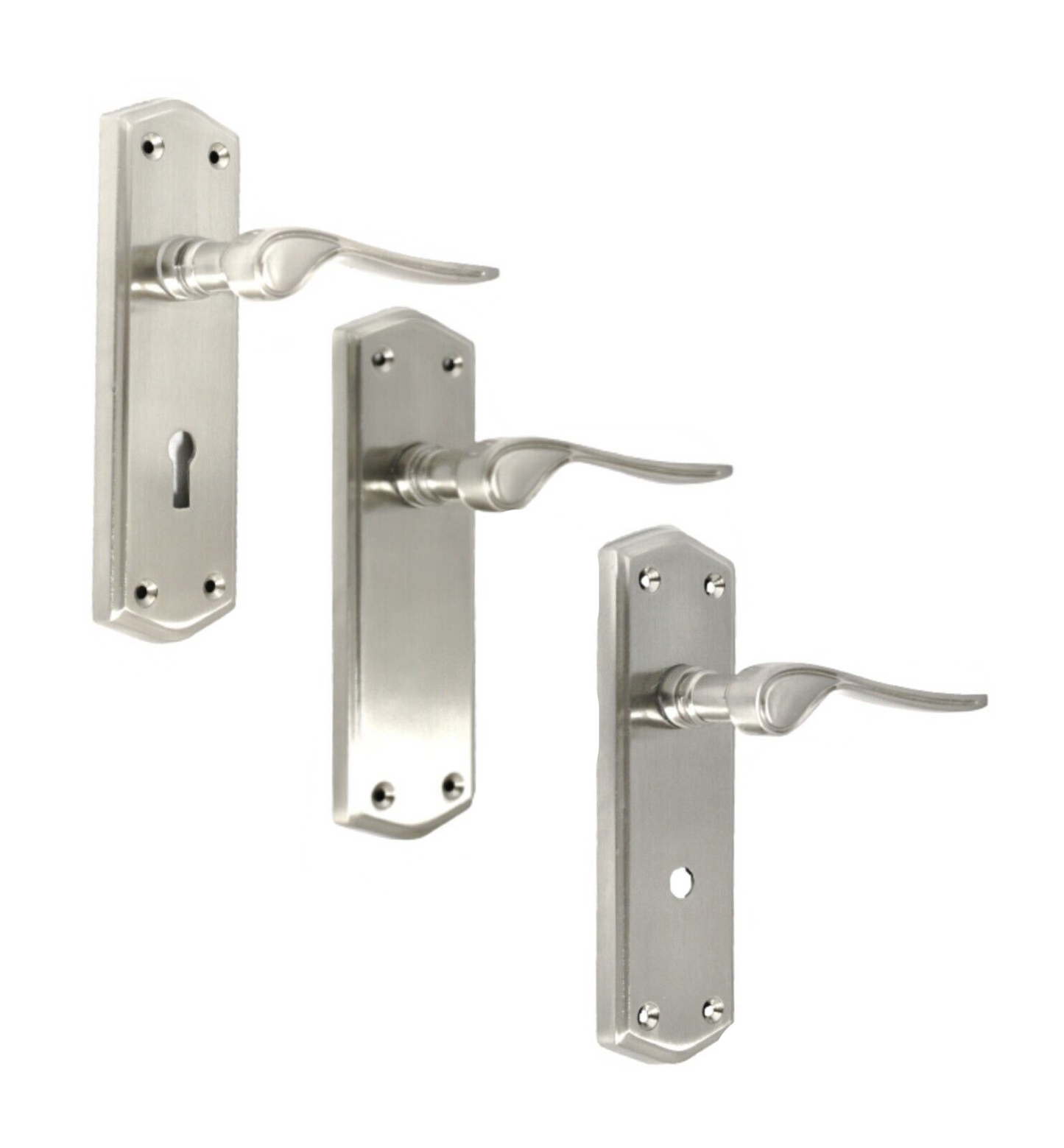 Satin Finish Stellar Door Handles On Shaped Backplate in Latch, Lock or Bathroom
