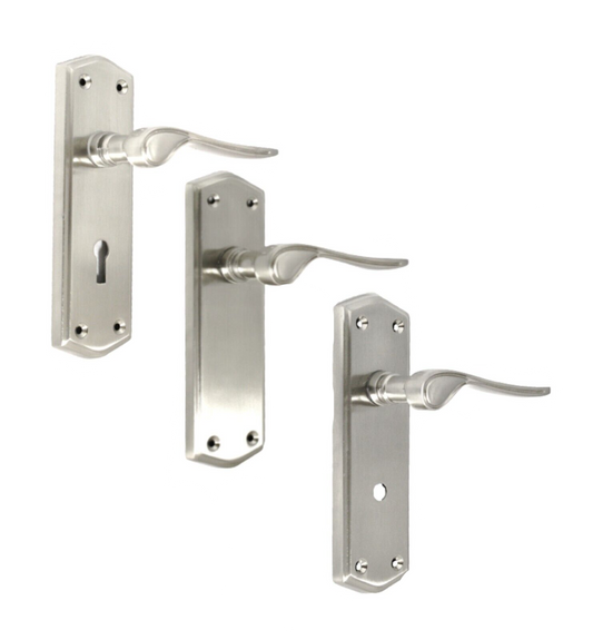 Satin Finish Stellar Door Handles On Shaped Backplate in Latch, Lock or Bathroom